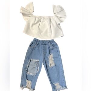 LIKE NEW Toddler Distressed Denim Pants with White Off The Shoulder Top